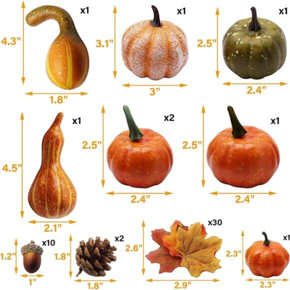 50-Piece Fall Pumpkins Decor Set: Mini Artificial Gourds, Leaves & Acorns - Picture 2 of 7